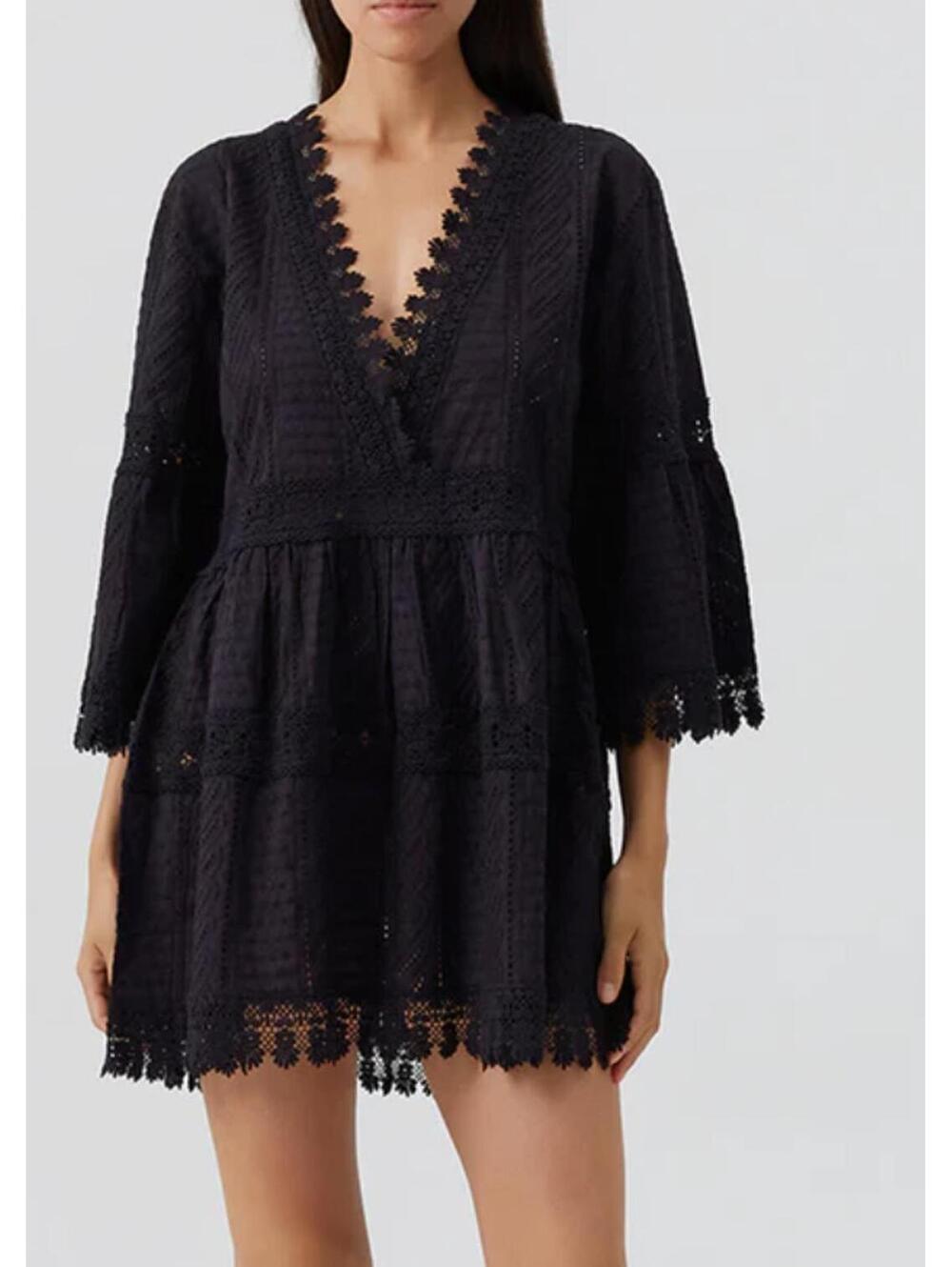 MELISSA ODABASH navy cotton lace long sleeve mini dress sz S